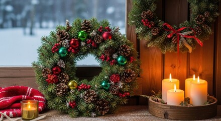 Beautiful Festive Christmas Wreath Adorned with Ornaments Pinecones and Warm Candles Creating a Cozy Winter Ambiance