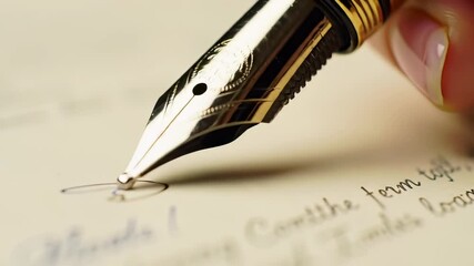 Elegant fountain pen glides across textured paper, meticulously creating a rich red ink signature, culminating in a beautiful ink drip.