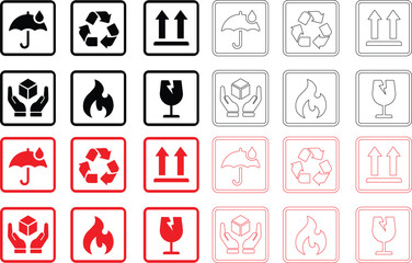 Packing symbol set Fragile, handle with care, flammable, upward, keep dry, recycled simple signs - stock vector. stock illustration Vector Fargile Warning Red Sticker. This Way Up. Keep Dry