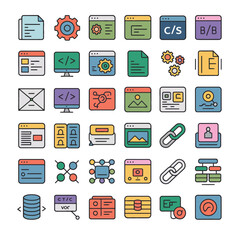 Fototapeta premium Collection of Colorful Line Art Icons for Web Design Development Programming Database Server Management Website Development Featuring Gears Documents Browsers and Network Diagrams