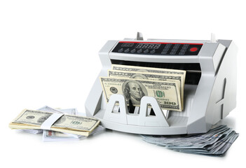 Modern cash counting machine with dollar banknotes on white background