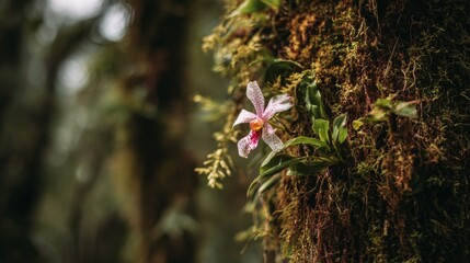 A beautiful orchid blooming on the trunk of a moss-covered tree in a tropical forest.