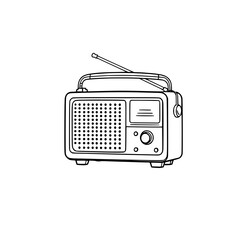 Obraz premium Vintage Radio Line Art: A classic monochrome illustration showcases a retro portable radio with its antenna extended, capturing a nostalgic feel.
