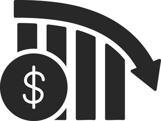 Dollar decline chart solid icon used in finance, economy, and market loss designs.