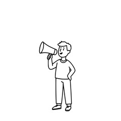 Boy with Megaphone: A simple line art illustration depicts a cheerful boy holding a megaphone, conveying a message with enthusiasm and a happy expression.