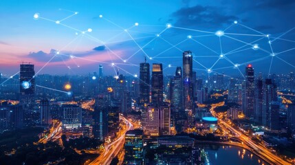 Futuristic urban panorama showcasing interconnected network and cityscape at dusk