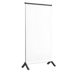 White banner display stand with black frame and legs