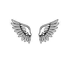 Obraz premium Elegant Wings: A simple line art illustration of a pair of wings, showcasing detailed feather patterns in a monochrome style, perfect for design projects.