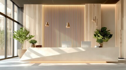 Modern Minimalist Light Wood Reception Desk with White Accents and Potted Plants under Sunlit Windows, Featuring Vertical Oak Slat Wall and Overhead Lighting