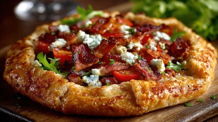 Delicious savory galette with bacon, tomatoes, and blue cheese on a rustic wooden table