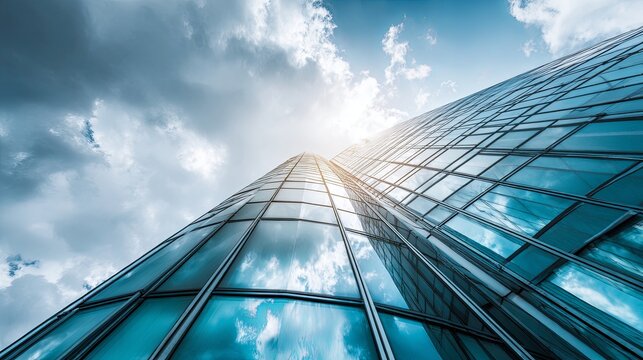 Close-up of a modern business skyscraper with reflective glass facade mirroring the cityscape and clouds, highlighting urban sophistication, architecture, and contemporary design

 - Powered by Adobe