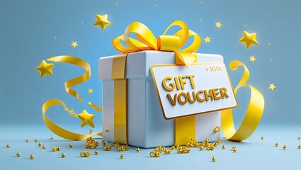 Gift Voucher Box with Golden Ribbon and Confetti on Blue Background