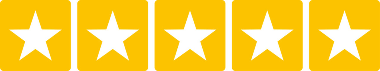 5 star icon rank sign. Customers rating for product or service. Yellow five star review sign for app, website, ui design element. Transparent png and vector illustration.