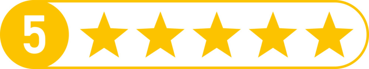 5 star icon rank sign. Customers rating for product or service. Yellow five star review sign for app, website, ui design element. Transparent png and vector illustration.