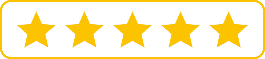 5 star icon rank sign. Customers rating for product or service. Yellow five star review sign for app, website, ui design element. Transparent png and vector illustration.