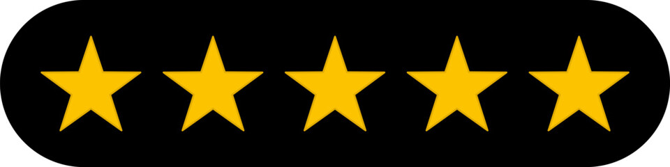 5 star icon rank sign. Customers rating for product or service. Yellow five star review sign for app, website, ui design element. Transparent png and vector illustration.