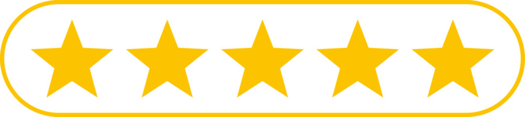 5 star icon rank sign. Customers rating for product or service. Yellow five star review sign for app, website, ui design element. Transparent png and vector illustration.