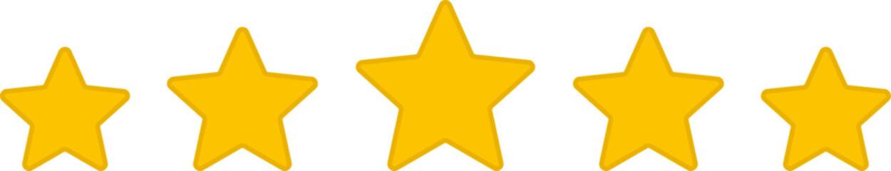 5 star icon rank sign. Customers rating for product or service. Yellow five star review sign for app, website, ui design element. Transparent png and vector illustration.