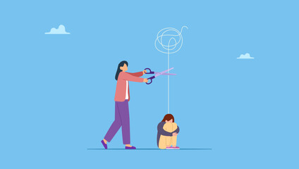 Psychologist using scissors to cut chaos messy balloon on patient. Reduce anxiety or stress, psychotherapy to cure mental health problem or depression, relaxation or relief to cure overworked.