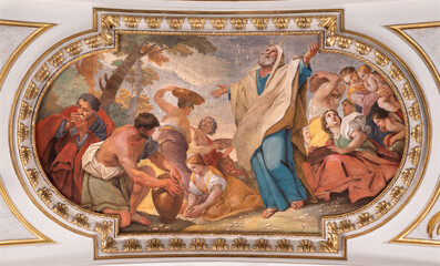 Assisi - The baroque fresco of The Moses and Jews Gathering the Manna in the Desert in Cathedral...