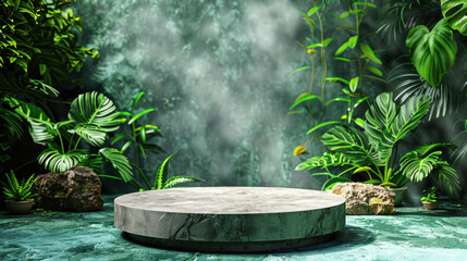 3D rendering concrete round stone podium and mock up on green cement floor in tropical rain forest outdoor natural in sunlight for product spa and cosmetic advertising campaign