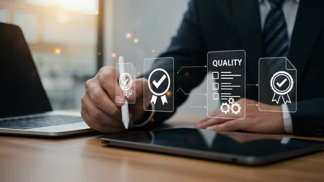 Quality Assurance professional performing digital review of certification and compliance checklists on a tablet with a stylus.