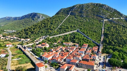 Ston, surrounded by medieval city walls, a town on the Pelješac peninsula, Dalmatia, Croatia,...