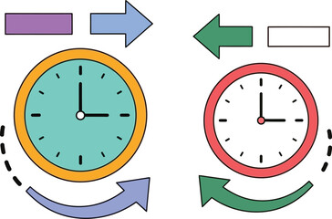 analog clock, digital clock, arrows, geometric shapes, colorful, illustration, vector graphic
