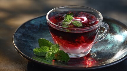 Red Berry Tea with Mint in Glass Cup on Dark Plate