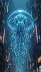 “Surreal Sci-Fi Scene of Glowing Jellyfish Floating Over Rainy Neon Cityscape at Night”