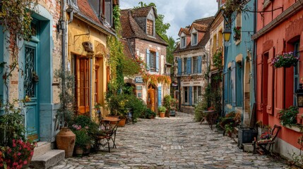 Obraz premium A charming European village with cobblestone streets and colorful houses.