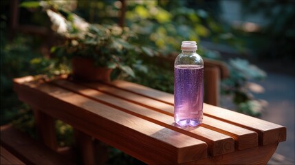 Purple Liquid in Glass Bottle on Wooden Bench Outdoors