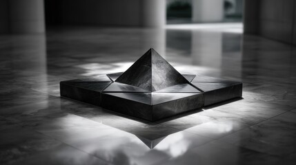 Black Pyramid Stone Sculpture on Reflective Floor