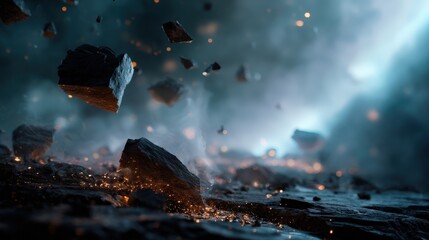 Dark Blue Rocks Exploding with Smoke and Embers
