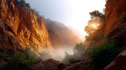 Golden Sunrise Over a Misty Canyon
