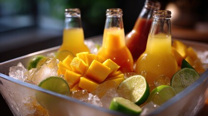 Bottled Refreshing Drinks with Mango and Lime in Ice