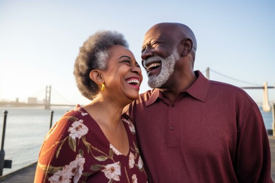 Senior african american couple laughing and enjoying time together by the bay