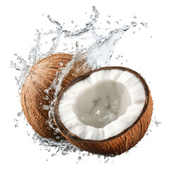 Whole and halved coconuts with splashing water whole coconut