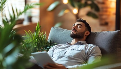 Man relaxing among indoor plants at home.