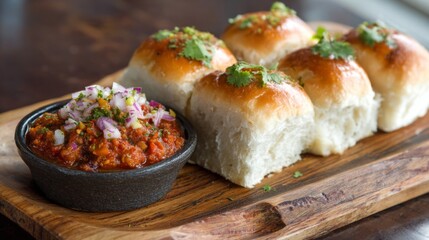 A classic pav bhaji dish with buttery bread rolls and a spicy mashed vegetable curry