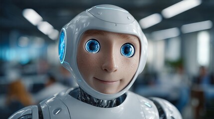 Robot's Serene Smile: A close-up, photorealistic view of a robot, focusing on its serene expression, set within a modern office environment, portraying a futuristic interaction with technology.