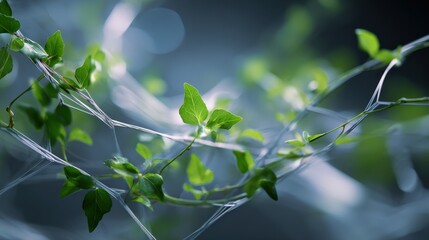 Close-Up of Green Leaves and Spiderweb on Vine