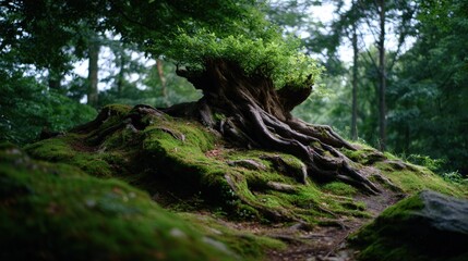 Ancient Tree Roots Covered in Moss in a Lush Forest
