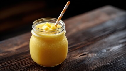 Golden Mango Smoothie in a Mason Jar on Wooden Table
