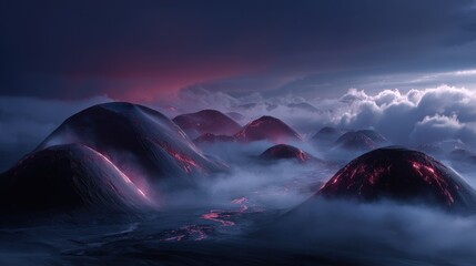 Glowing Hills in Foggy Night Landscape