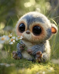 A high-resolution stock photo of a plush toy called Labuba, designed as a cute fantasy creature with soft pastel fur, big round embroidered eyes, small ears, and tiny plush paws