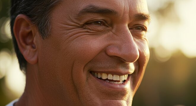 Happy middle-aged man smiling outdoors in warm sunlight  