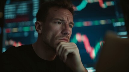 Professional Trader Monitoring Financial Markets on a Computer, Immersed in Cryptocurrency Charts, Stock Indexes, and Economic Graphs Forecasting a Potential Global Recession, Deep in Thought