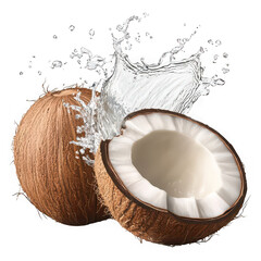 Whole and halved coconuts with splashing water whole coconut