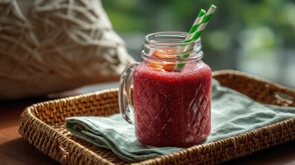Red Smoothie in Mason Jar on Wicker Tray